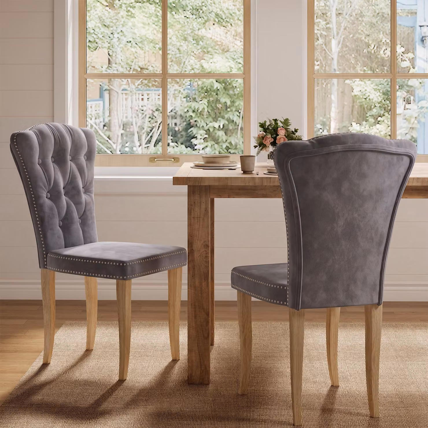 Set di 2 sedie da pranzo REMZETTA, velluto grigio scuro, poltrone con schienale alto, imbottitura, decorazioni a bottoni, dettagli in metallo e gambe in legno, sedie da cucina per la sala da pranzo