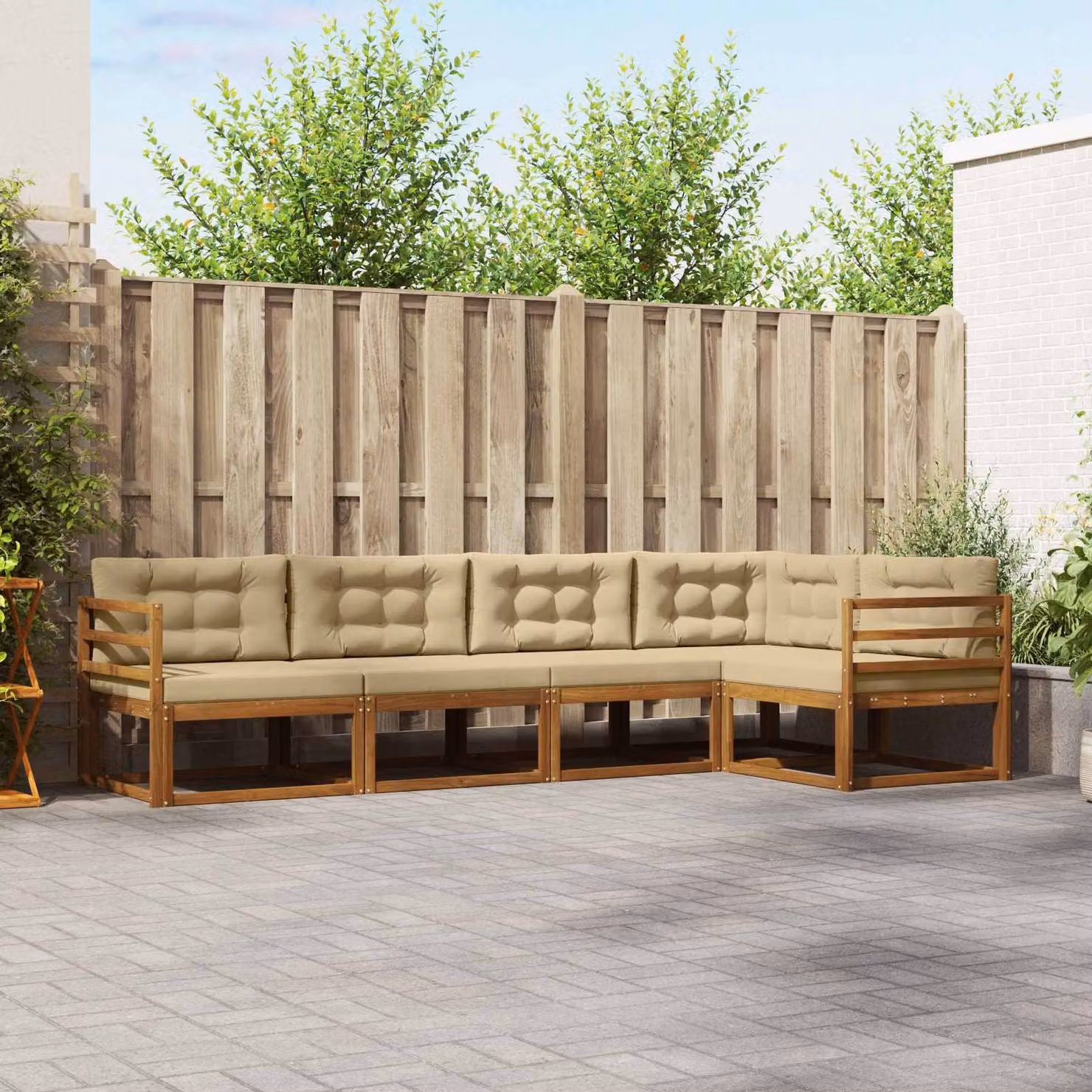 Set di divani da esterno vidaXL a forma di L in legno di acacia con cuscini, Beige e Marrone