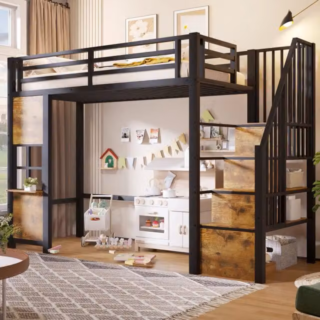 Letto a soppalco singolo REDOM in metallo e MDF nero con scala contenitore e scomparti laterali L/P/H: 200 x 90 x 170 cm