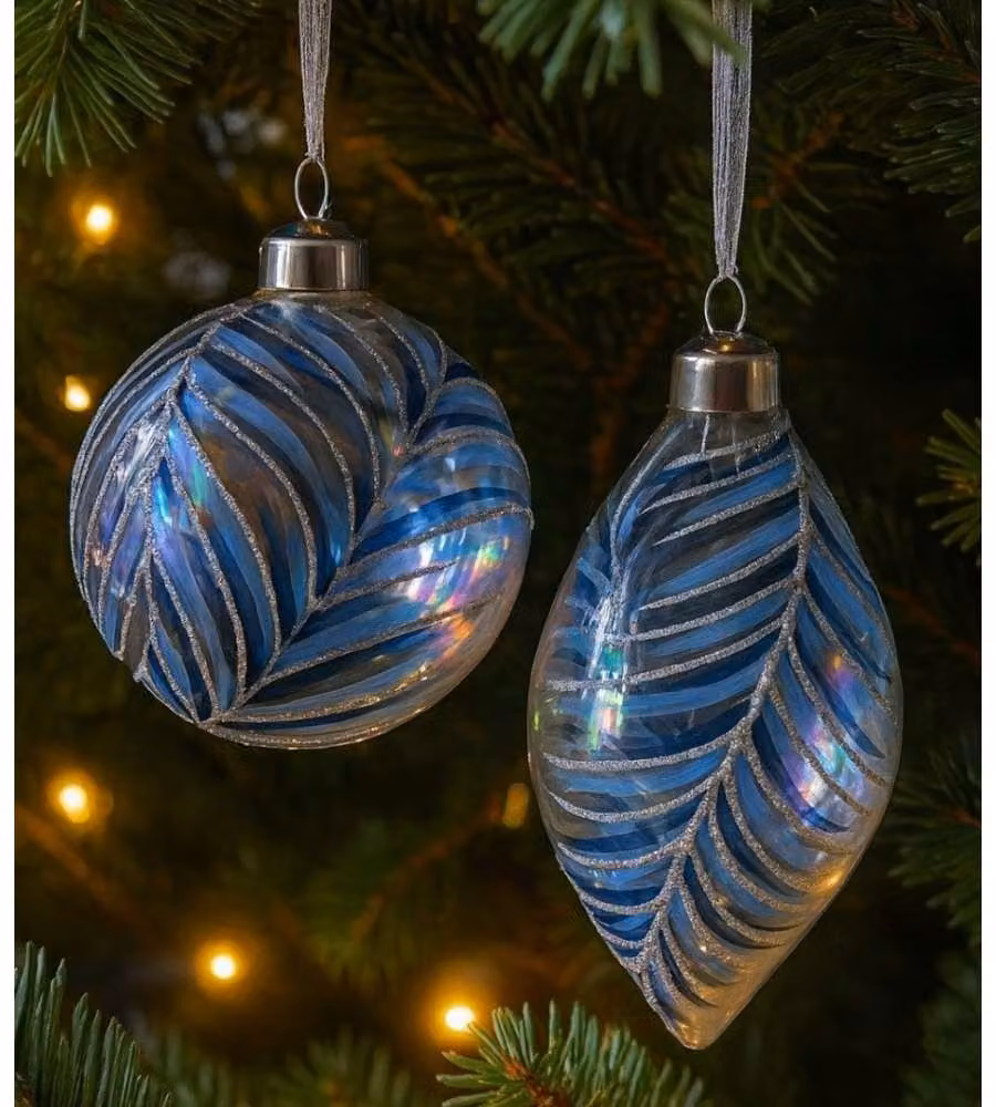 Decoris Sfera di Natale Vetro Trasparente con Decoro Foglia Blu - 8 cm