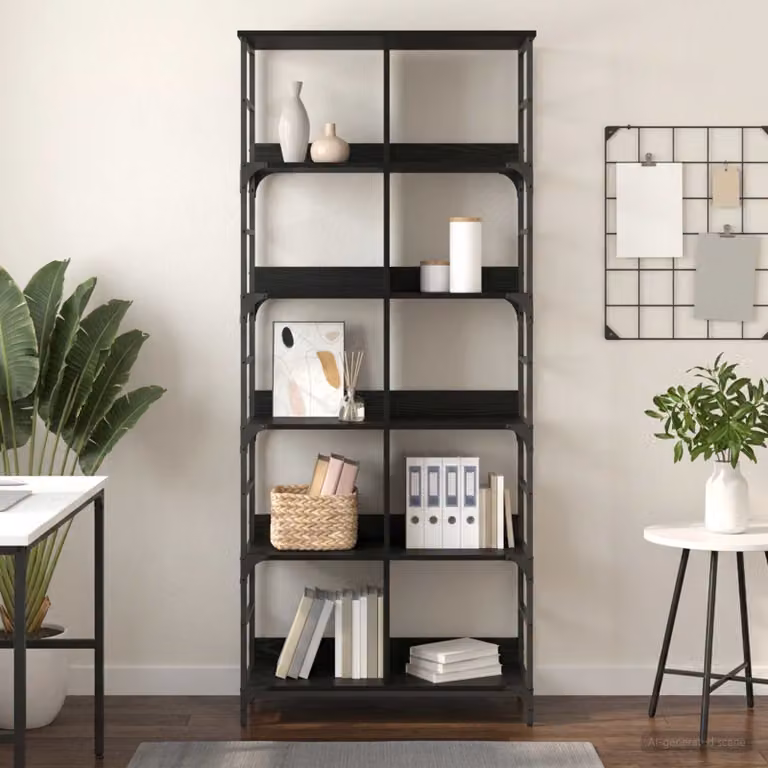 Libreria moderna vidaXL a 4 livelli in metallo e MDF, colore nero e rovere, L: 78,5 cm, P: 33 cm, H: 188,5 cm