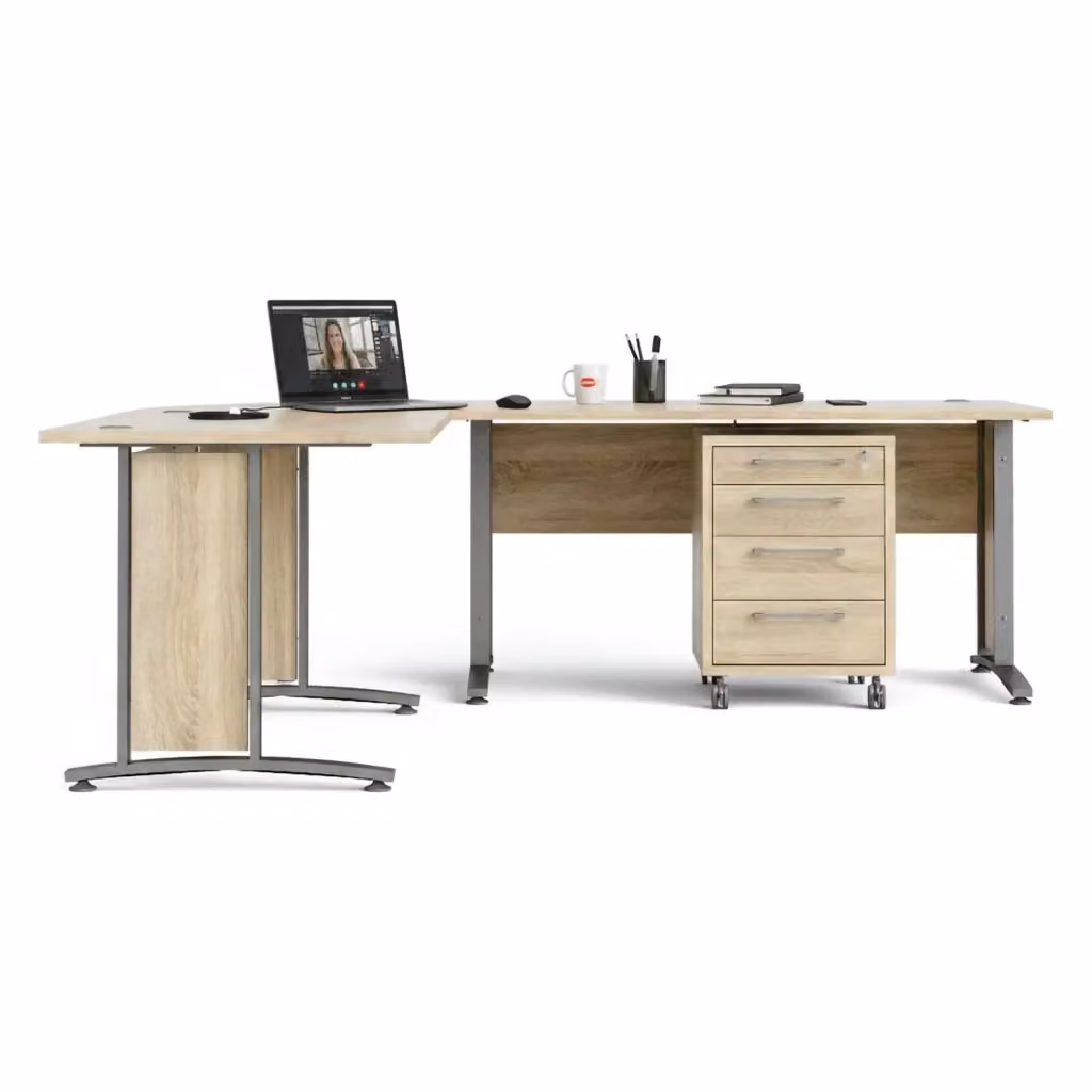 Scrivania DMORA Agerato moderna con cassettiera, tavolo da ufficio rettangolare in MDF laminato, Grigio e Quercia, L: 230 cm, P: 200 cm, H: 75 cm – 2