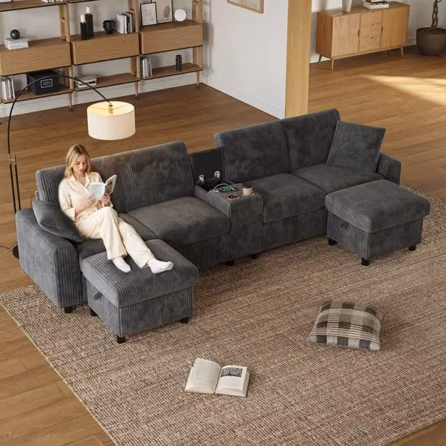 Divano U angolare in velluto a coste ¨C MINIMAL ¨C grigio, con pouf contenitore, tavolino, portabicchieri, USB e prese, 315x135x81 cm