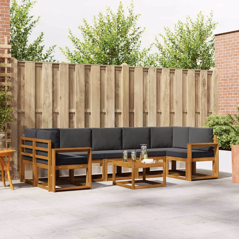 vidaXL Set di divani da esterno a L in legno di acacia con cuscini, 8 pezzi, Antracite e Marrone