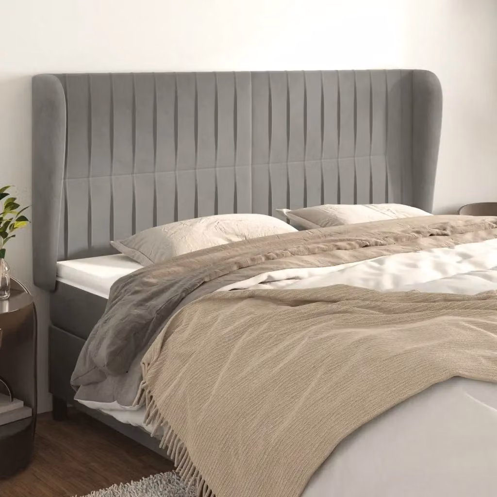Testata ad orecchio in velluto grigio chiaro per la tua camera da letto L: 203 cm, P: 23 cm, H: 118/128 cm – 2
