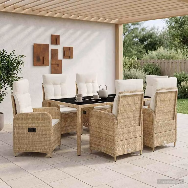 Set da pranzo per esterni vidaXL in 7 pezzi in polyrattan con piano in vetro, Beige e Bianco Crema