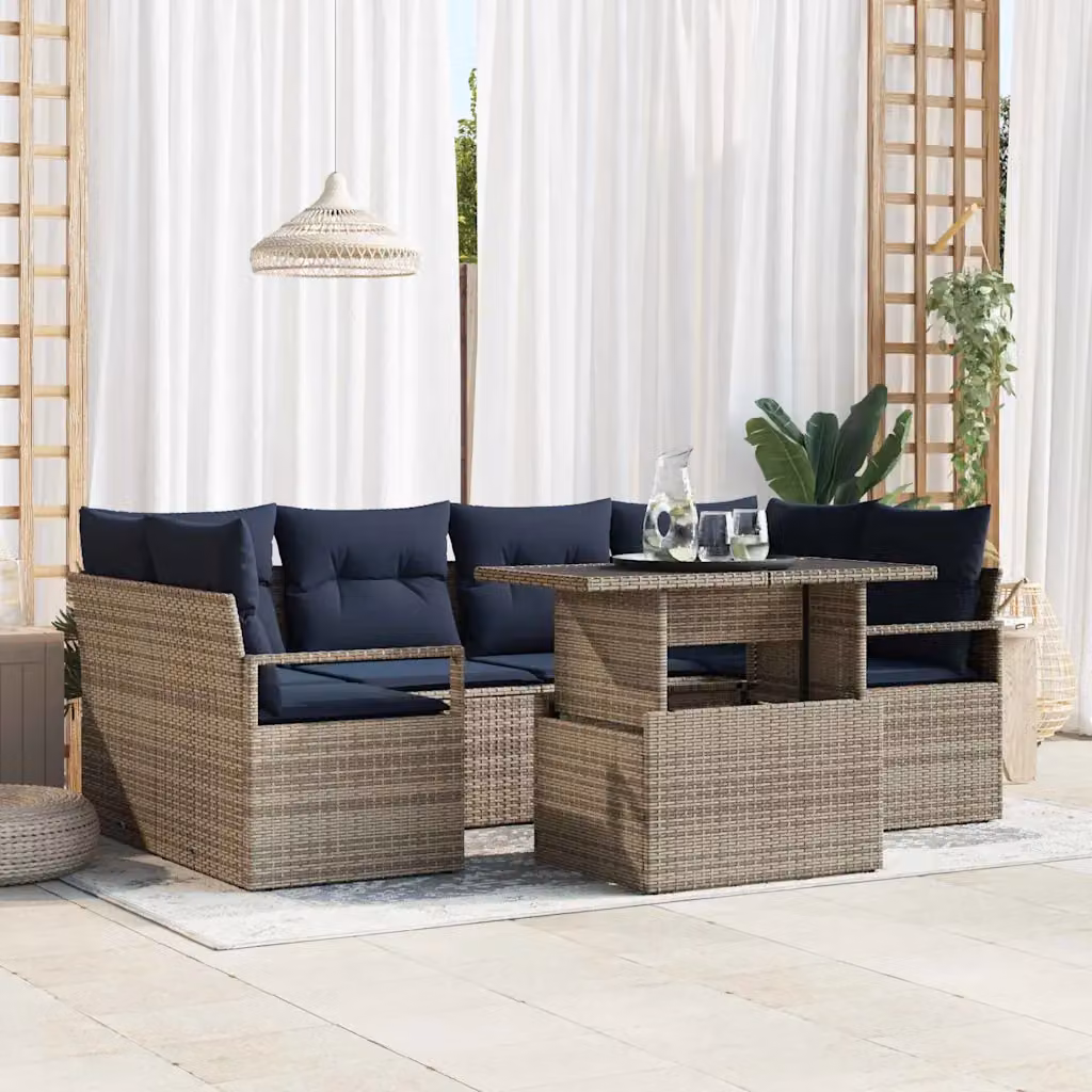 Set Divano da Giardino vidaXL a Forma di U con Tavolino, 7 Pezzi, Grigio e Blu Navy