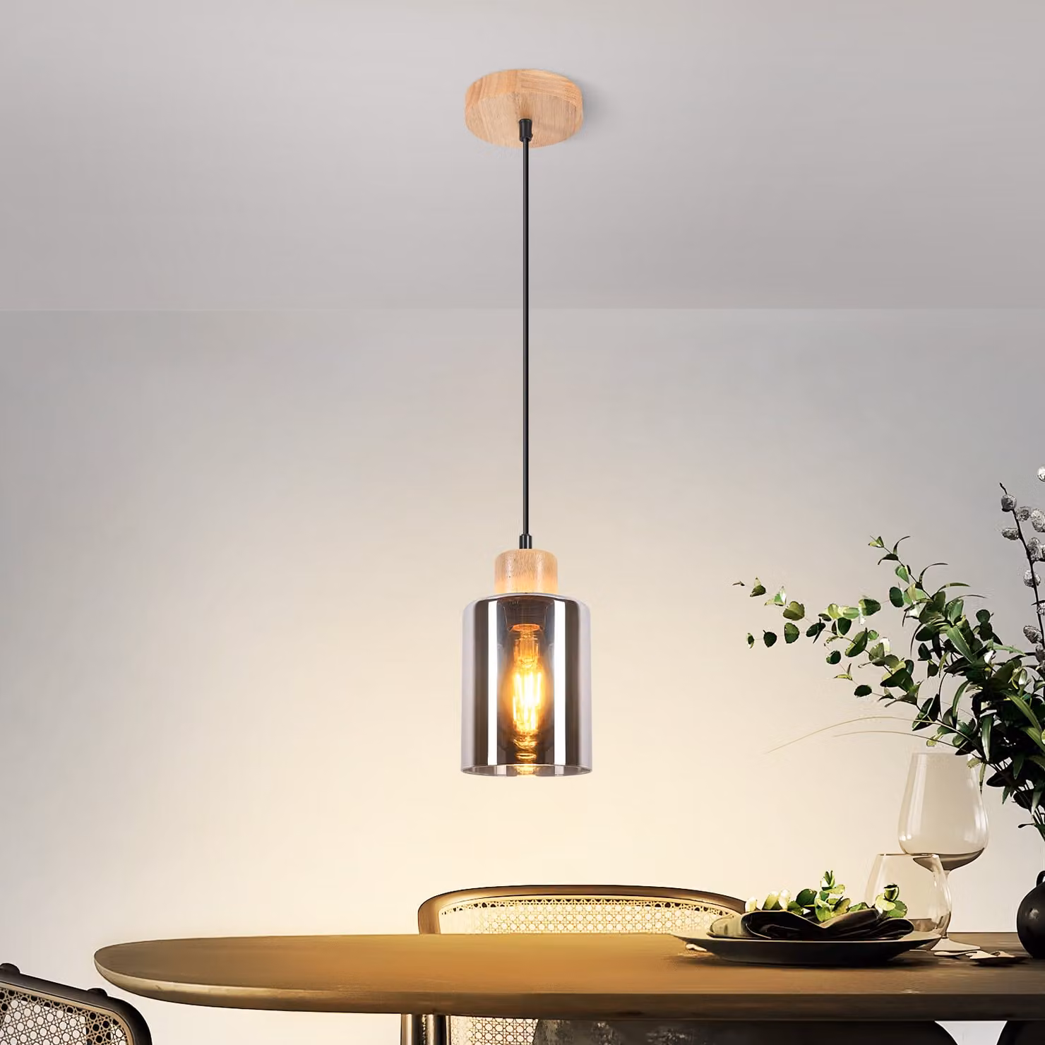 ZMH lampada a sospensione tavolo da pranzo legno sospensione 1 fiamma luce a sospensione vintage E27 industriale cucina lampada appesa vetro fumé sala da pranzo senza luce centro