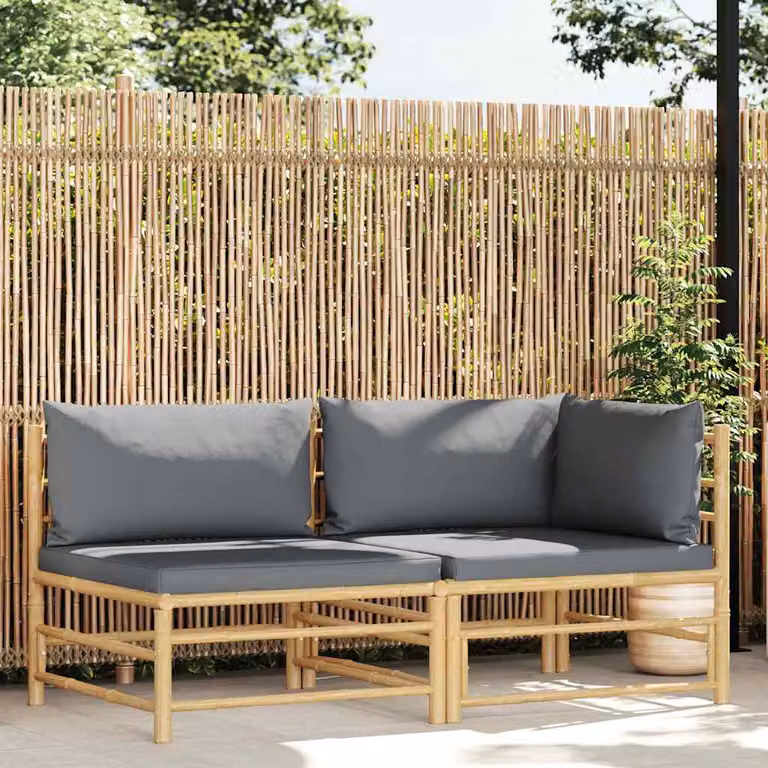 Set di Divani da Giardino vidaXL in Bambù con Cuscini Grigio Scuro, Design Moderno a L con Elemento Angolare e 2 Divani da 2 Posti