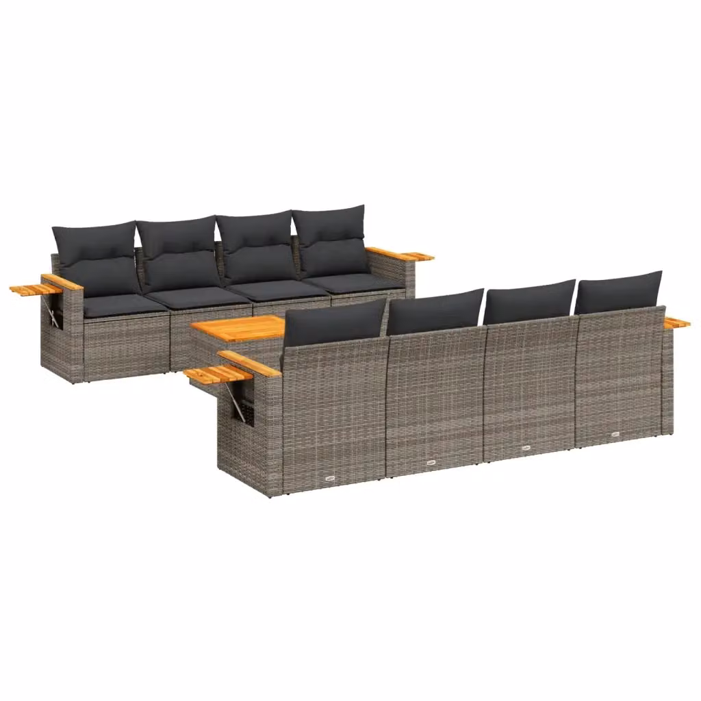 vidaXL Set Divano da Giardino 9 pz a forma di U in Polyrattan Grigio con Cuscini e Tavolino da Caffè – 2