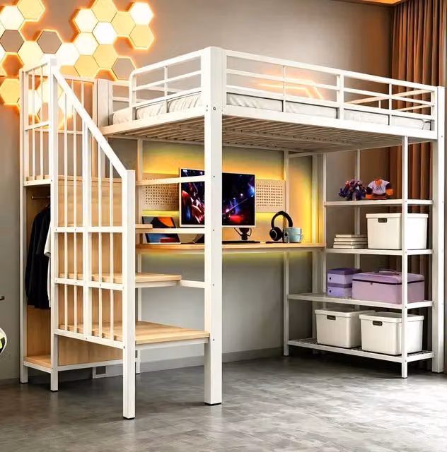Letto a soppalco multifunzione 90 x 200 cm in ferro con scala contenitore; LED; scrivania e presa Euro; bianco