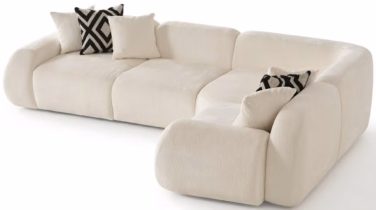 Divano ad angolo a forma di L, colore bianco, rivestito in tessuto, stile moderno, ideale per soggiorni spaziosi