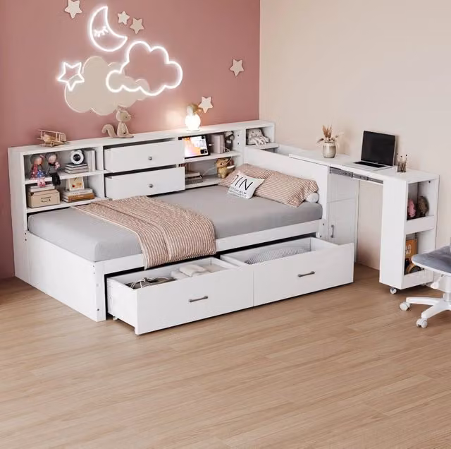 Letto singolo multifunzione 90x200 cm in legno bianco con scrivania estraibile; USB e vani contenitore