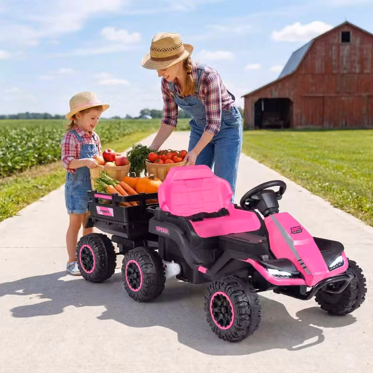 Trattore elettrico Costway per bambini 24V con rimorchio rimovibile, macchina elettrica rosa con luci LED e musica per età 3+ anni