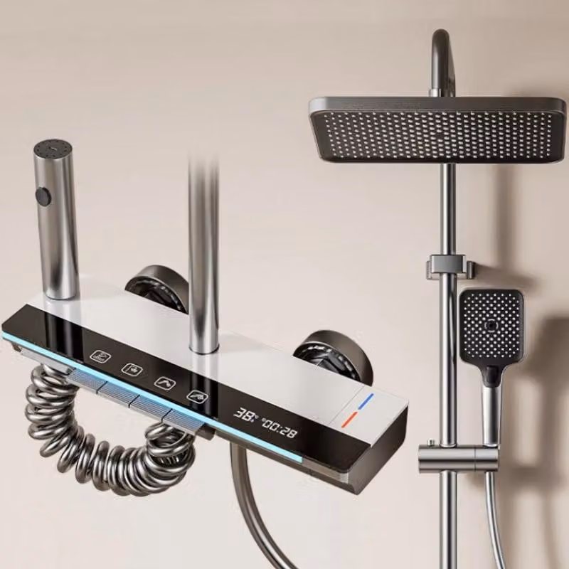 Sistema doccia a pioggia - Set doccia da parete - Miscelatore termostatico per acqua calda/fredda - Display digitale della temperatura - Soffione regolabile in altezza - Ottone - Bianco