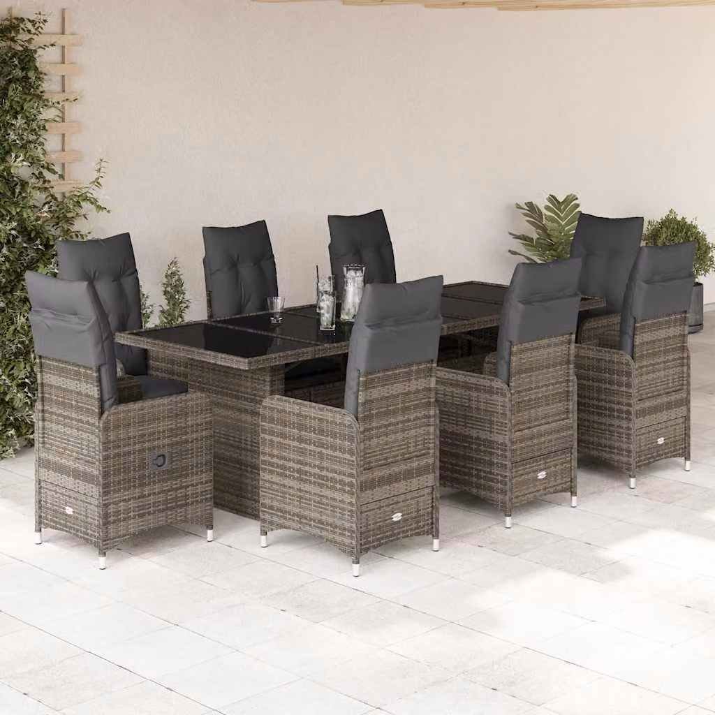 Set Bistrò da Giardino vidaXL 9 pz in Polyrattan e Vetro Grigio