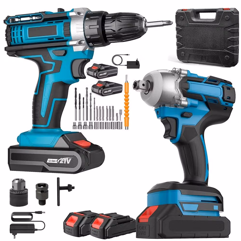 Avvitatore a percussione e trapano avvitatore a batteria - Set 2-in-1 - 21 V - 520 Nm - 32 Nm - Include batteria - Adatto per metallo