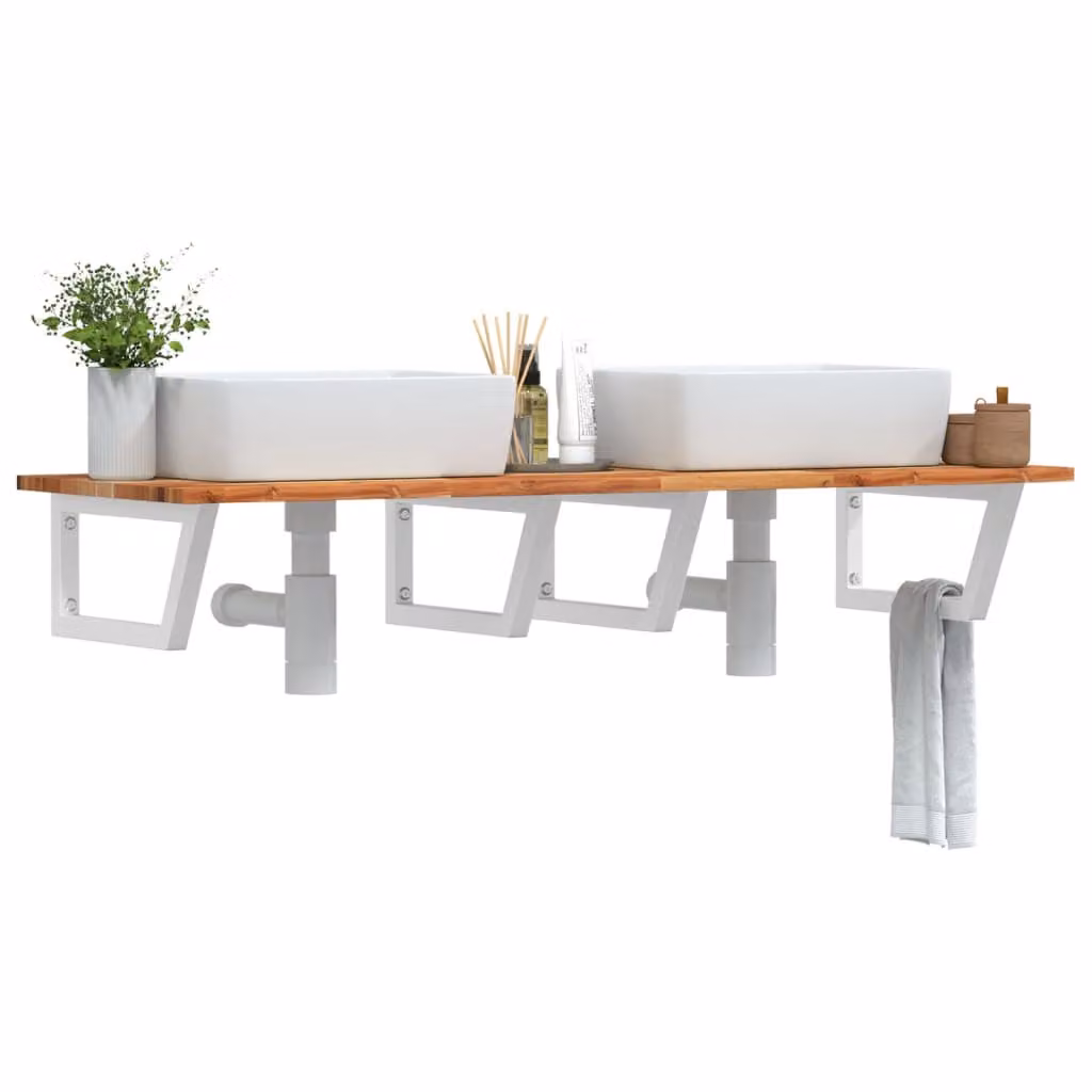 vidaXL Ripiano a Parete per Lavabo in Acciaio e Legno di Acacia Oliato, Bianco e Marrone