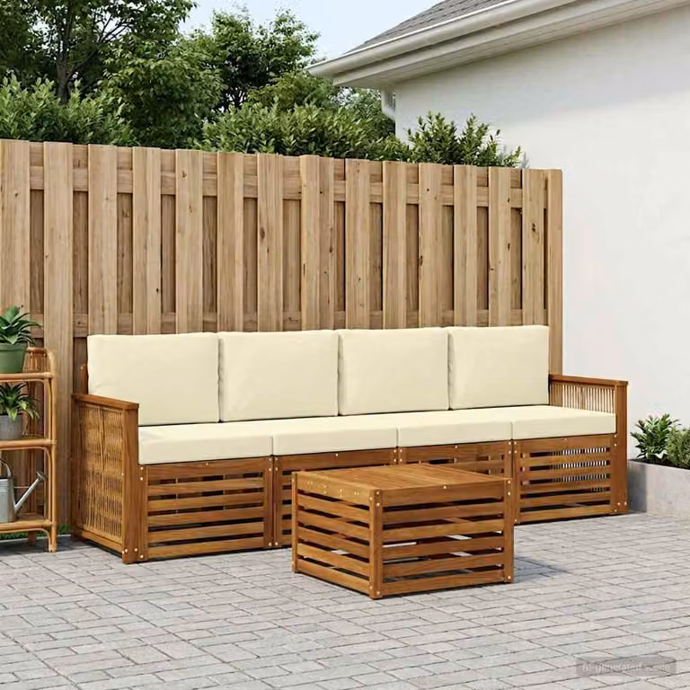 Set di divani da esterno vidaXL 5 pezzi in legno di acacia con cuscini, colori beige, bianco e marrone