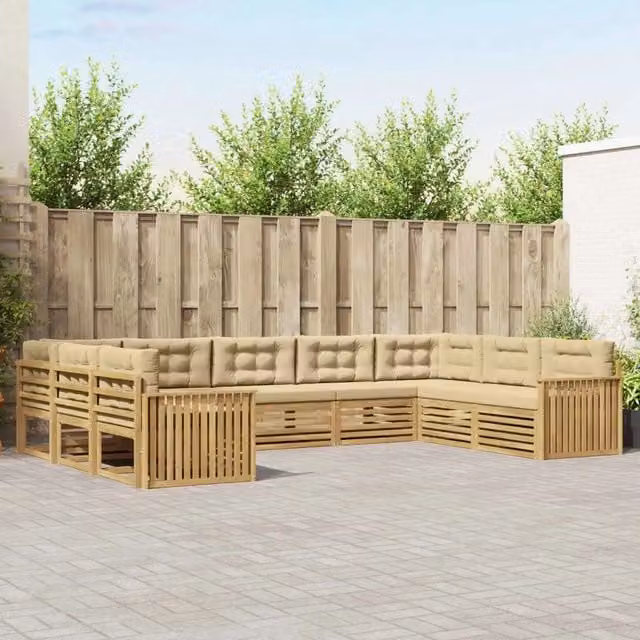Set di divani da esterno a L vidaXL in legno di acacia con cuscini, Bianco e Beige – 1
