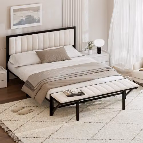 Letto imbottito AIORBER, 160x200 cm, con poggiapiedi pieghevole, ampio spazio di archiviazione, velluto, morbido e confortevole, letto matrimoniale, struttura del letto in ferro, robusto, beige