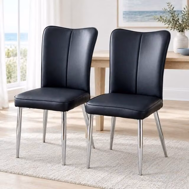 Set di 2 sedie da pranzo nere in poliuretano con gambe in metallo e schienale ergonomico
