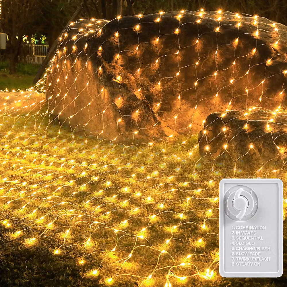 Rete luminosa 3X2m 200Leds bianco caldo LED luci fata rete luce tenda elettricità 8 modalità di luce funzione di memoria festa di Natale giardino camera balcone decorazione