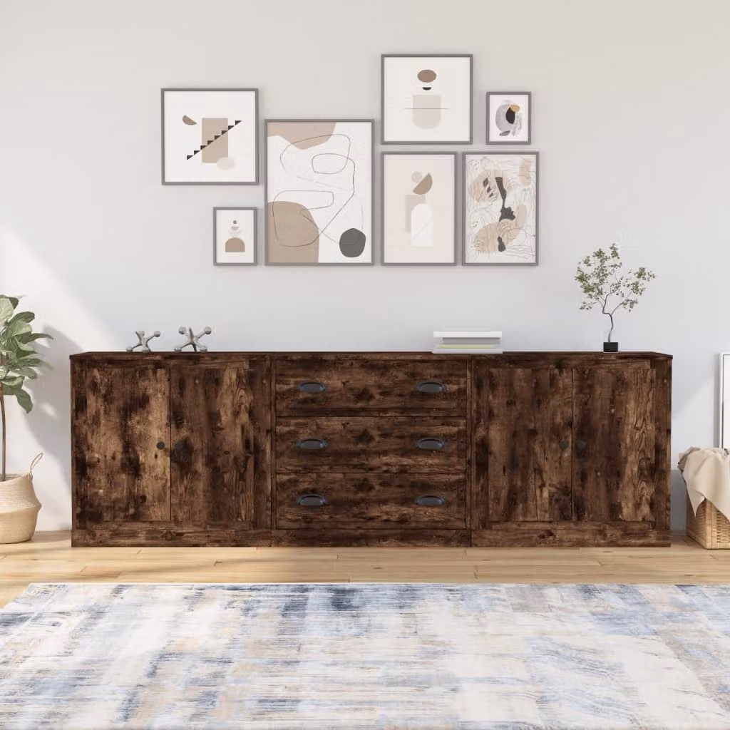 Set di 3 credenze vidaXL in legno multistrato e MDF colore rovere fumo opaco, modello a parete