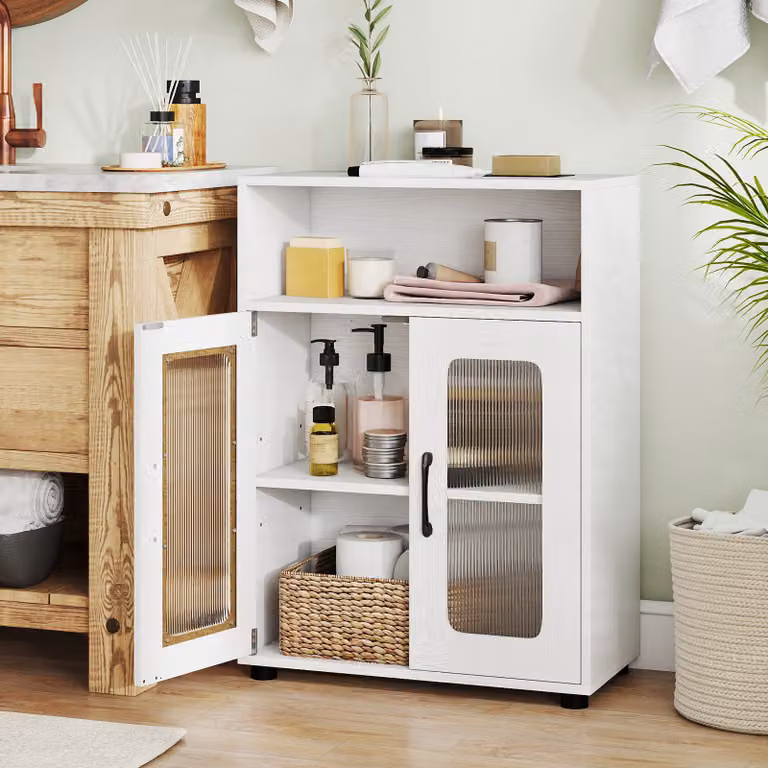 Costway Mobiletto da bagno autoportante con 2 ante e scomparto aperto, Organizer moderno con ripiani regolabili, Bianco