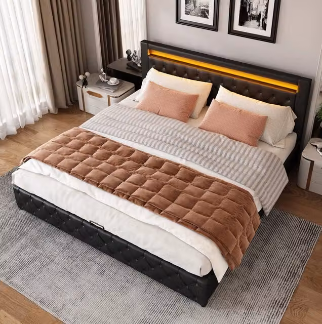 Letto matrimoniale 140x190 cm con contenitore e LED; rivestimento in PU; nero