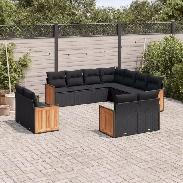 Set di Divani da Giardino vidaXL a Forma di U composto da 11 Pezzi con Cuscini in Polyrattan e Legno di Acacia Nero – 1