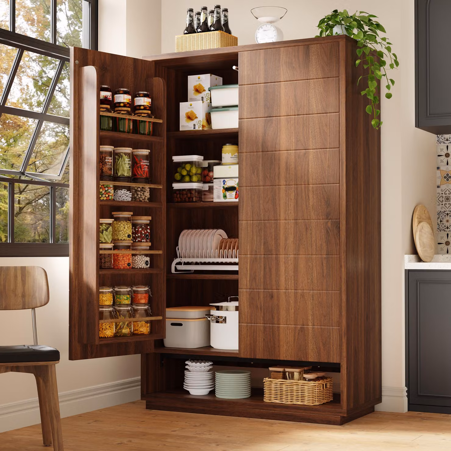 Armadio alto da cucina Abrihome, dimensioni 100 x 40 x 162,5 cm, con doppia porta, 8 scomparti aperti, 8 ripiani, sistema di sicurezza anticaduta, colore marrone scuro