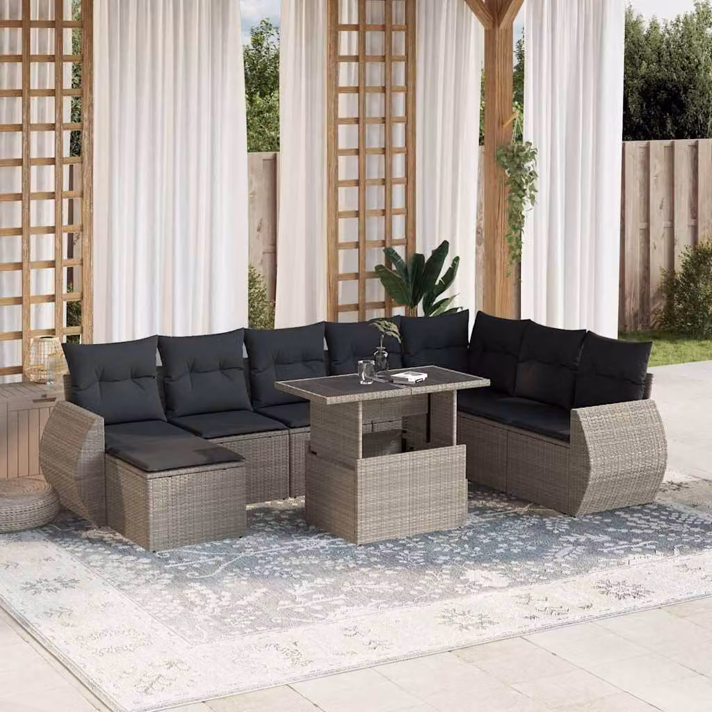 vidaXL Set Divano da Giardino a L 9pz con Cuscini Grigio Antracite e Tavolino in Vetro – 1