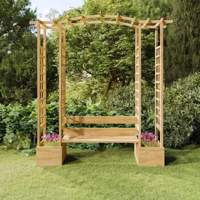Pergola da Giardino con Panca e Vasi in Legno di Pino Massello vidaXL, Marrone e Verde, L: 230 cm, P: 198 cm, H: 60 cm