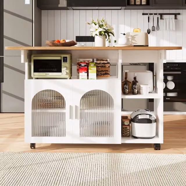Carrello da cucina OKWISH moderno in bianco con piano pieghevole, ripiani in vetro e MDF, dotato di 5 ruote L/P/H: 120 x 70 x 79,5 cm