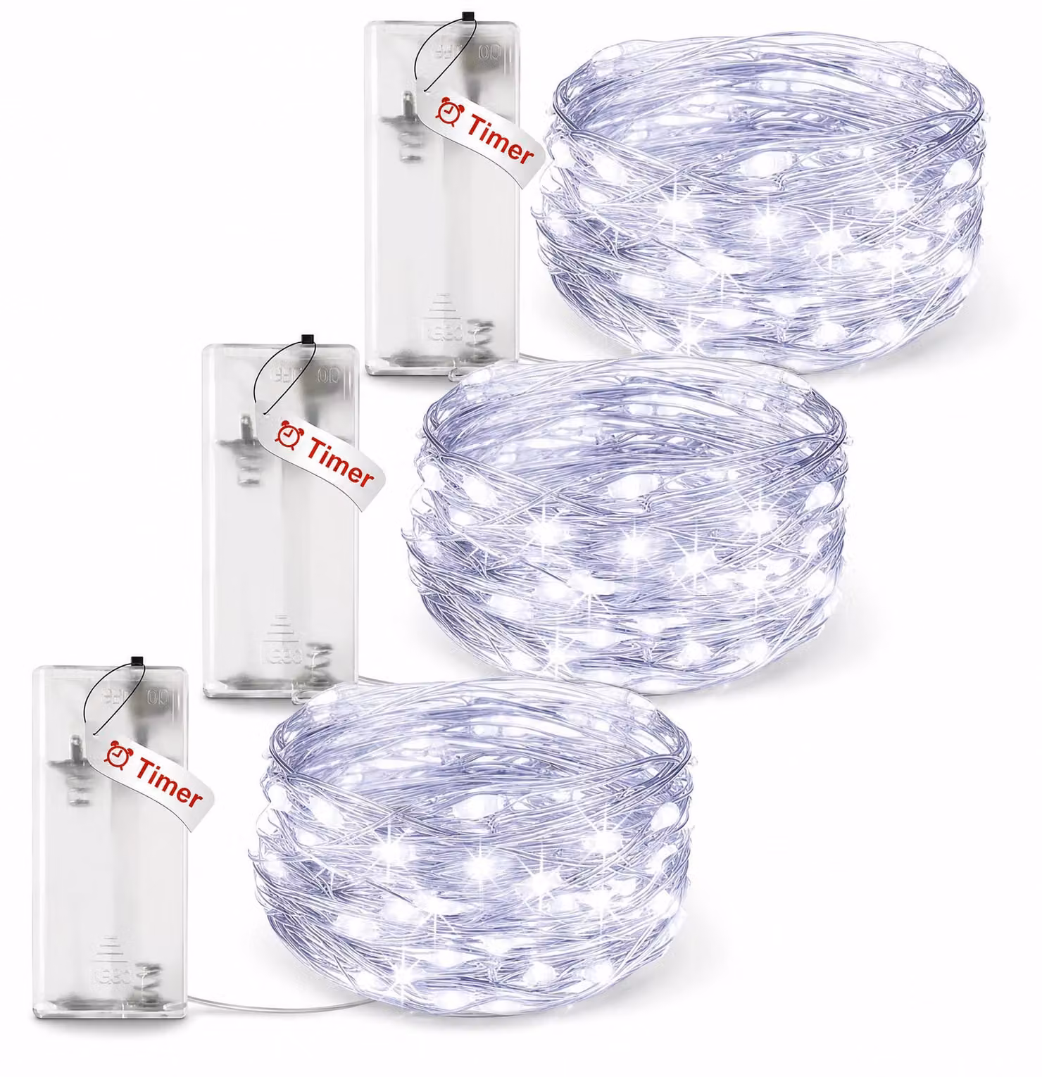 Set di 3 catene luminose a LED, lunghezza 3 metri, 30 LED, con timer, luce bianca fredda