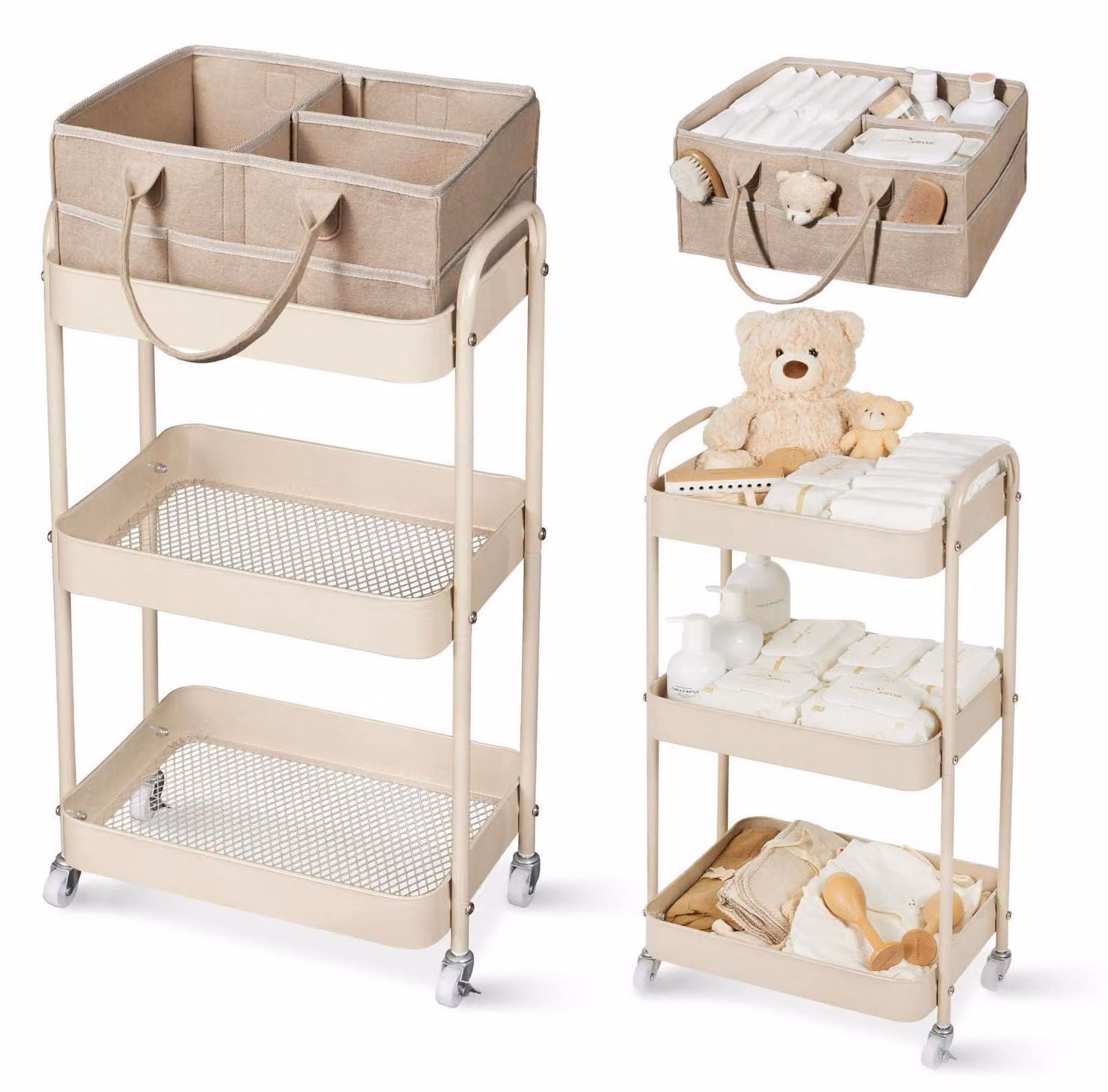 Organizzatore per fasciatoio con carrello mobile, articoli essenziali per neonati, colore marrone