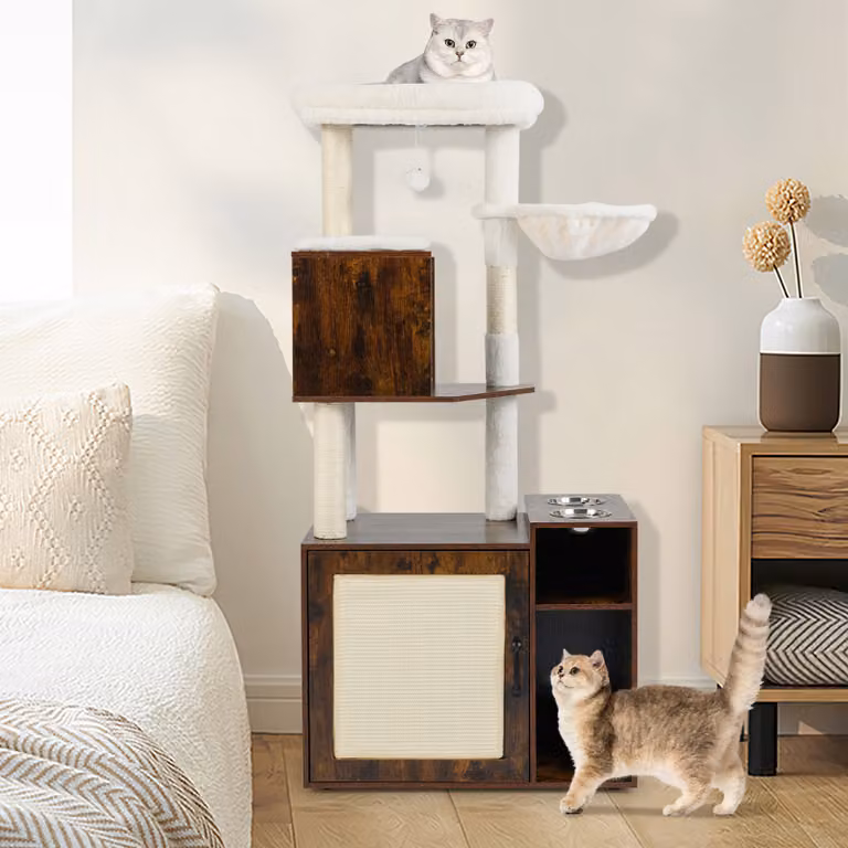 Costway Mobiletto per lettiera per gatti con torre d'arrampicata e graffioio in sisal sostituibile, Marrone
