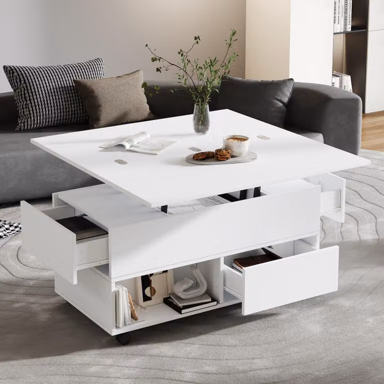 Tavolino regolabile in altezza Merax, 100x50x52 cm, con 4 cassetti, illuminazione LED, tavolo da salotto con piano rialzabile, bianco