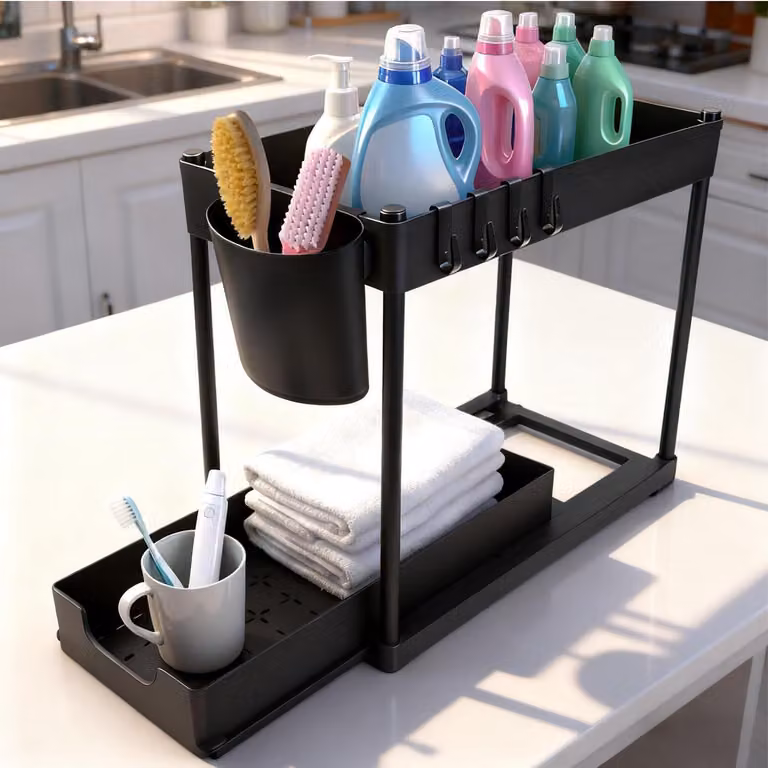 Organizzatore da cucina a 2 ripiani con ganci, scaffale estraibile da posizionare sotto il lavello, colore nero