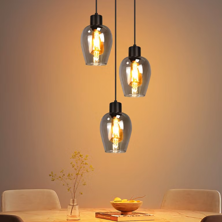 ZMH Lampada a sospensione nera a 3 fiamme - Lampada a sospensione vintage da tavolo E27 Lampada da cucina a sospensione in vetro fumé industriale per sala da pranzo camera da letto soggiorno senza fonte di luce