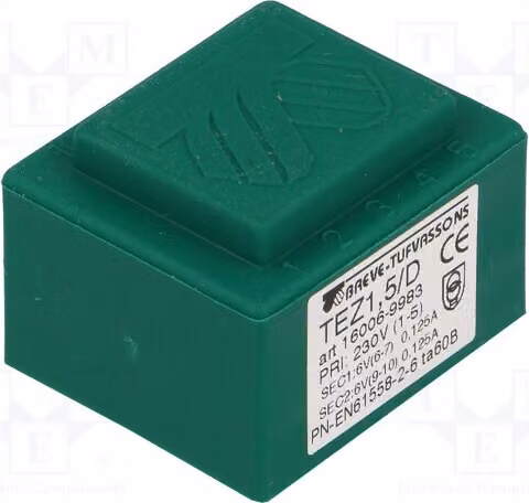1 trasformatore: rivestito, 1,5 VA, 6V/6V, 12,5 mA, 230 VAC, 125 mA, grado di protezione IP00, modello TEZ1.5/D230/6-6V