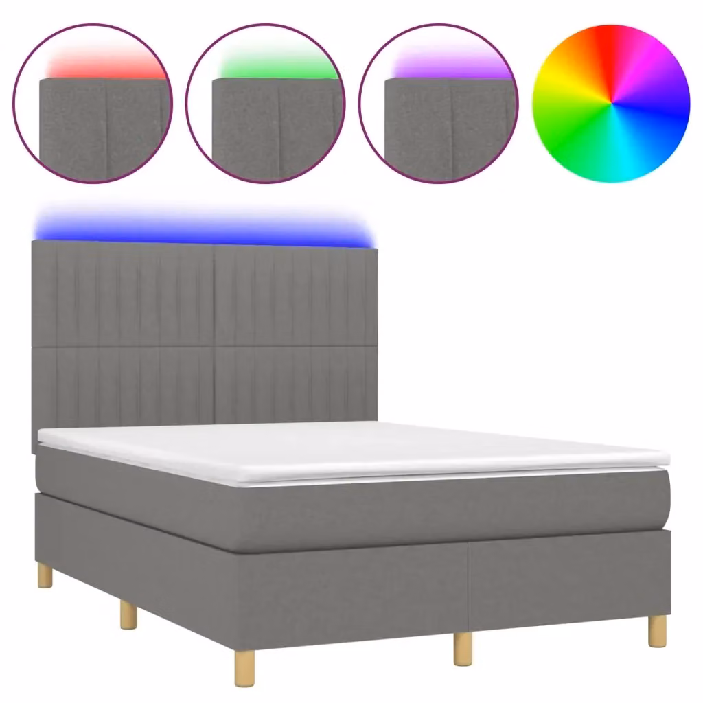 Letto Ibrido vidaXL con Materasso a Molle, Illuminazione LED e Porta USB, Tessuto Grigio e Bianco, L/P: 140 x 190 cm – 2