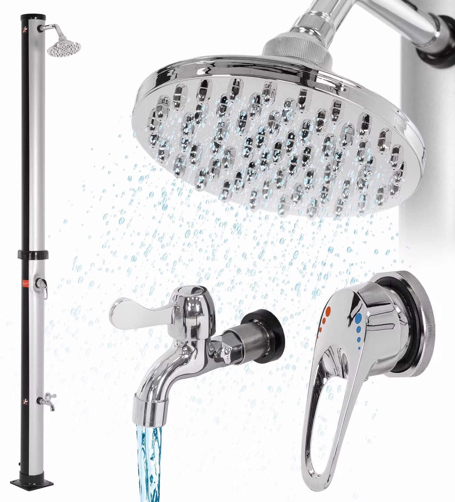 ML-Design doccia solare 20L 210cm rotonda con doccia a pedale e soffione a pioggia, argento-nero, acqua calda, 60°C senza allacciamento alla corrente, con attacco per tubo da giardino
