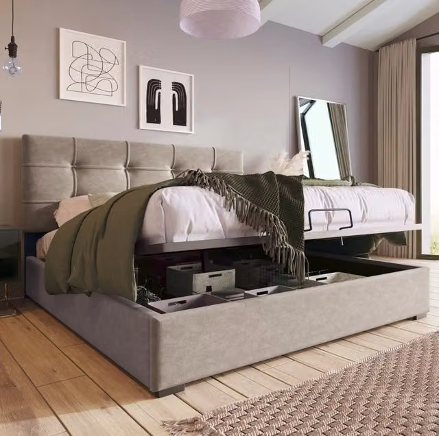 Letto contenitore imbottito ULEVR 140x200 cm con testiera regolabile e sollevamento idraulico, velluto grigio chiaro