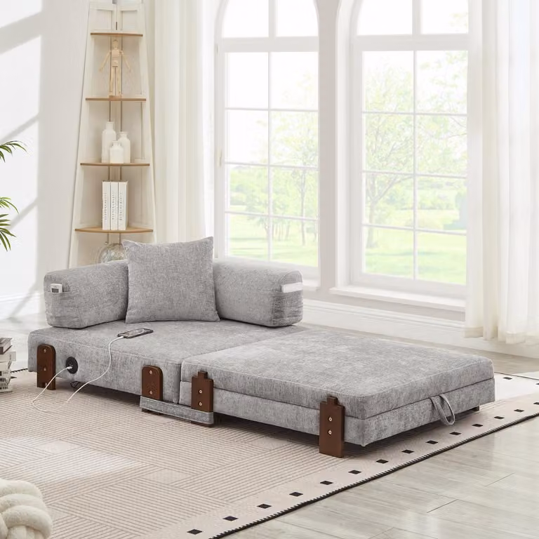 Divano pieghevole 2-in-1 con funzione letto, porta USB e porta Type C, e spazio contenitore. Divano letto compatto con braccioli, ideale per piccoli spazi, camere per ospiti e loft - Grigio chiaro