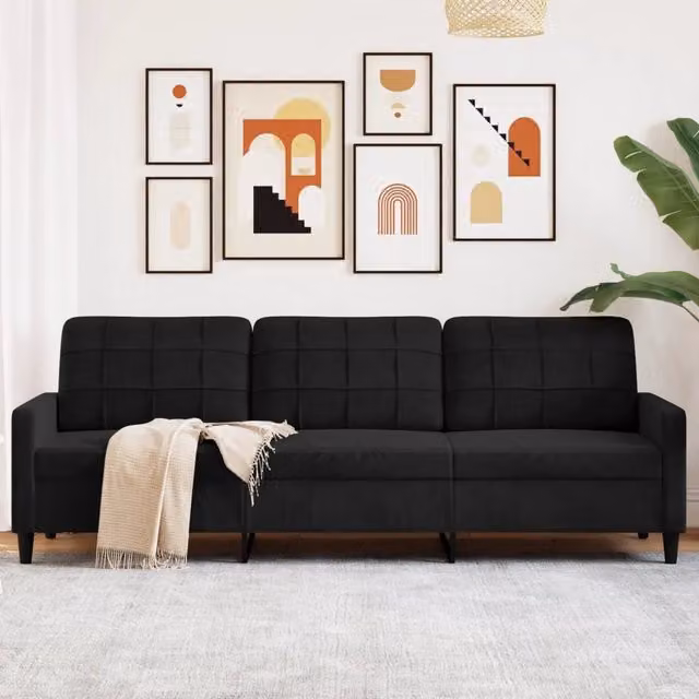 Divano a 3 posti moderno vidaXL in velluto nero con struttura in metallo L: 226 cm, P: 80 cm, H: 77 cm – 1