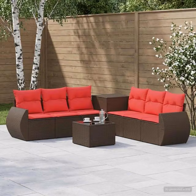 Set di divani da giardino a forma di U vidaXL composto da 8 pezzi in rattan e acciaio con cuscini inclusi, colori marrone e rosso – 1