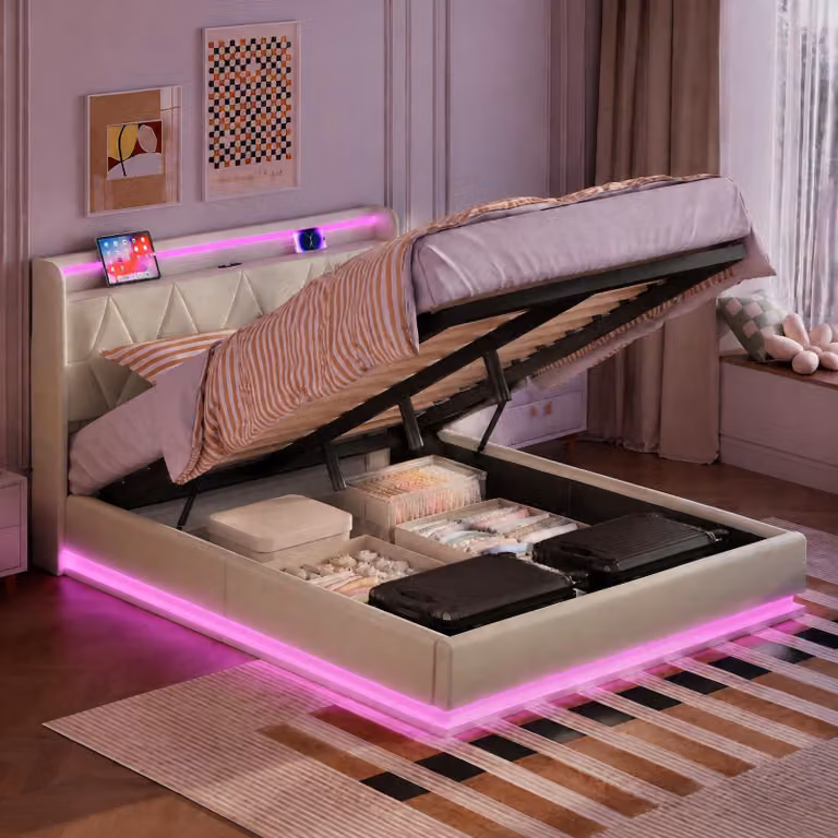 Letto imbottito INONEFT, modello boxspring, 140x200 cm, con LED e USB, letto con sistema di sollevamento idraulico e contenitore, struttura letto con rete a listelli/contenitore, tessuto in velluto, colore beige