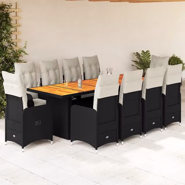 Set da Bistrò da Giardino vidaXL in Polyrattan e Legno di Acacia Nero e Bianco con 11 Pezzi e Cuscini
